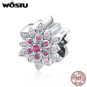 Wostu Classic 925 Sterling Prata Vermelho Lotus Flor Beads Charms Fit Bracelet Pingente Para Mulheres Noivado de Casamento Jóias CTC038 Q0531