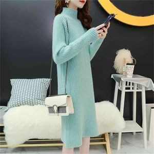 Kvinna halvturtleneck Slim Fit Koreansk stil Klänningar för Kvinnor Långärmad Over The Knee Stickad Vinter Vestido de Mujer 210604