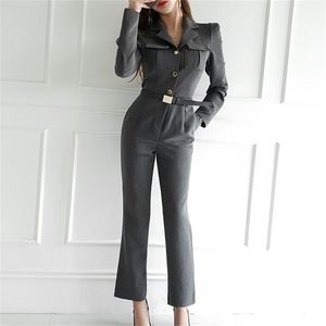 Elegant Notched Collar Single Breasted Chic Sashes Bodysuit Slim Waist Cargo Pants Style Retro Jumpsuit Women 210603