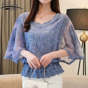 Moda kadın bluzlar Yaz Şifon Bluz Pamuk Kenar Dantel Bluzlar Gömlek Kelebek Flowe Kadın Gömlek 4073 50 T191214 başında