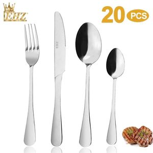 EHZ cultery uppsättning av 20st rostfritt stål porslinskifla silver dinnerware spegel polering gaffel sked biff matsal till 210928