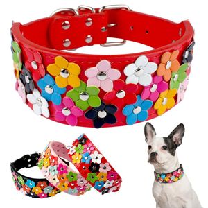 Dog Collars & Leashes 2 Inch Wide Flower Studded Leather Collar Pink Pet Necklace For Medium And Large Dogs M L XL Black Red