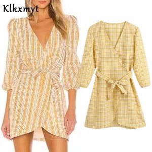 KlkxMyt za sukienka kobiety eleganckie sprawdzanie mody drukowanie mini vintage trzy czwarte rękaw z pasem kobiece es vestidos 210527