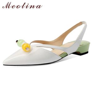 Meotina String Bead Shoes Women Real Leather Low Heels Slingbacks Pumpar Pekade Toe Square Heel Footwear Summer Shoes Lady White 210608