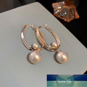 Новые модные 14k Real Gold Big Pearl Hoop Серьги для женщин Корейский модный Геометрия Ювелирные Изделия S925 Серебряная Игла Свадьба Подарок Фабрика Цена Экспертное Качество Дизайн