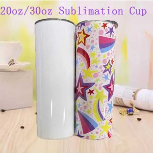 Personalizado DIY Sublimação 20oz 30oz Skinny Tumbler Branco Vazão Branco Frasco à prova de água com tampa e canecas de palha para presente de festa 211013