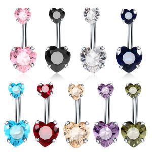 14g Belly Button Ringar Kirurgisk Rostfritt Stål Dubbel Hjärta Kubik Zirconia Navel Barbell Stud Body Piercing