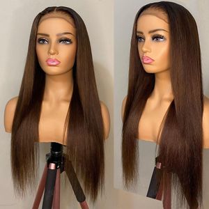 Chocolate Brown 30 Inch Straight Human Hair Wig Transparent Lace Frontal Synthetic Wigs For Black/ White Women