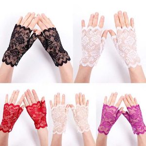 Kvinnor Vår Sommar Solskydd Fingerless Handskar Utomhus Körning Tunna UV-Total Sunscreen Lady Sexy Mesh Floral Lace Handskar Y0827