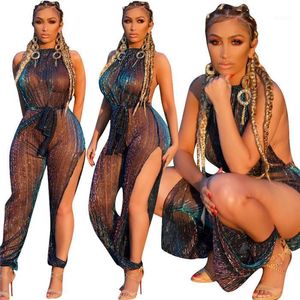 Women's Jumpsuits & Rompers 2021 Sexy Bodysuit Tracksuit Womens Jumpsuit Sleeveless Backless Slim Sashes Mesh Hollow Out Overalls Combinaiso