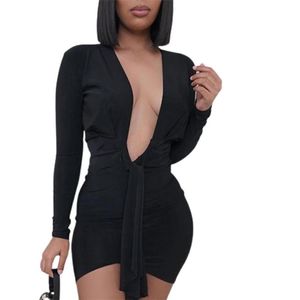 Casual Kleider Frauen Kleid Mode Elegante Sexy Low-cut Tiefem V-ausschnitt Einfarbig Haut-freundliche Weibliche Langarm Engen mini Robe Femme