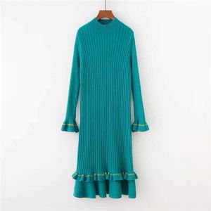 PERHAPS U Green Pink Stand Collar Long Sleeve Ruffle Knitted Solid Knee Length Sheath Bodycon Autumn Winter Dress Elegant D1384 210529