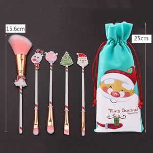 5Pcs Christmas Party Makeup Brushes Set Kit Beautiful Professional Make Up Brush Tools With Drawstring Santa Claus Print Bag Xmas Gift WVT1218