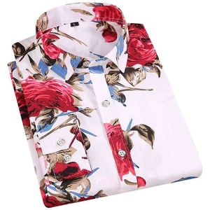 Homens Floral Impressão Camisas Longa Manga Casual Flor Impressão 100% Poliéster Macio Macio Fino Confortável Botão Up Dress Hawaiian Camisa 210705