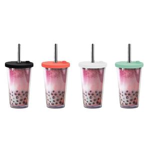 Double Wall Insulated Tumbler with Straws Reusable Boba Cup for Regular Size Bubble Tea (16 Oz)