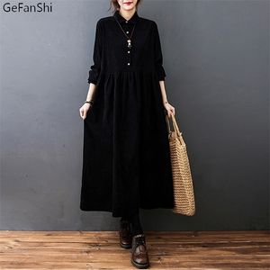 Jesień Zima Kobiety Sukienka Vintage Solid Corduroy Casual Luźna Moda Długie Rękaw Office Eleganckie Damskie Dresses Girl 220311