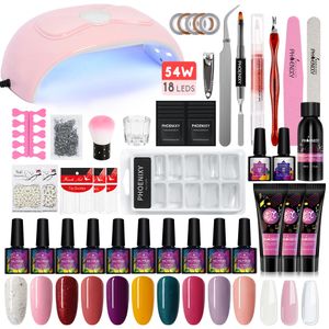 PHOENIXY COMPLETO MANICURE SET POLONE KIT POLY GEL 54W UV LED Lâmpada com ferramentas de arte Pontas de unhas Top revestimento de base