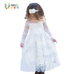 Menina Lace Longo Vestido Flor para Idade 2-12 Bebê Crianças Princesa Formal Casamento Prom Festa Vestido Branco / Bege Big Bow Roupa doce Q0716