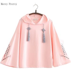 Chinese Letter Embroidery Hooded Sweatshirts For Women Long Sleeve Cotton Hoodies Sweet Style Girl Harakuju Cute Tracksuits 201126