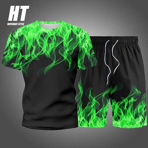 Men's Sets Summer Flame Print Men Tracksuit Casual Short Sleeve T-shirt+Shorts Two Piece Fashion Sportswear Male Sports Suit 210603