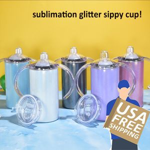 US Warehouse 12oz Sublimation Tumblers 2 in 1 Glitter Sipty Cup Straight Shimmer Tumbler Two Lids Stainless Steel Baby Cup