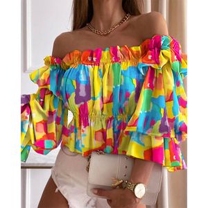 Women's Blouses & Shirts Women Off Shoulder Ruffled Trim Shirring Shirt Female Top Summer Casual Long Sleeve Colorful Tighten Waist Blouse T