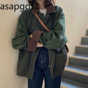 Корейский толстый осенний старинный отворотный отворот случайные BF Safari стиль свободно полный фонарь рукава пальто и куртки женщины армии зеленые улицы 210610