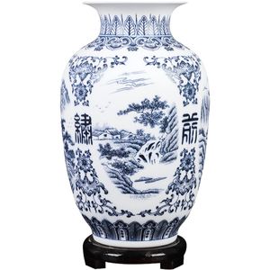 Jingdezhen Ceramic Vase Retro-ancient Landscape Dumb Blue and White Porcelain Flower Arrangement Small Dry Flower Vase Porcelain 210310