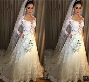 Langschläuche Kleider Eine Linie Spitze Applikze Sweep -Zug Juwel Hals maßgeschneiderte Garten Hochzeit Brautkleid Vestido de Novia 403 Pplique pplique pplique pplique