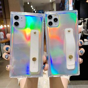 Laser Square Clear Case Telefon dla Samsung S20 FE A51 A50 A71 A70 S10 S9 Plus Uwaga 20 Pasek na nadgarstek Stojak Miękka tylna pokrywa