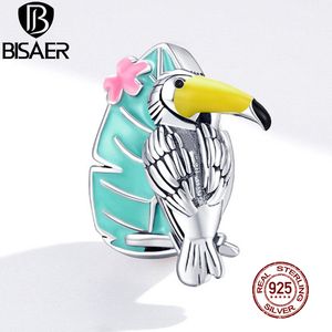BISAER Toucan Birds Beads 925 Sterling Silver Green Enamel Animal Charms Pendant Fit DIY Bracelet Necklace Jewelry ECC1531 Q0531