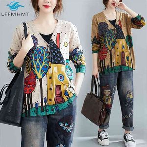 Spring Fall Women Baggy Cartoon Print Dzianiny Swetry Office Lady V-Neck Vintage Casual Luźne Kartigan Knitwear Kobieta Odzież 210914