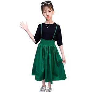 Children Clothes Solid Tshirt + Dress Teenage Girls Clothing Summer Kids Casual Style Kid 6 8 10 12 14 210528