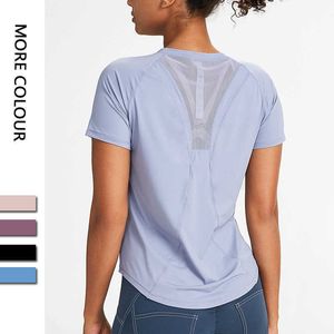 L-043 Mesh-Rückseite, atmungsaktiv, für Damen, Yoga-Outfits, Oberteile, einfarbig, Laufen, Fitness, Fitnessstudio, Kleidung, Damen, kurzärmlig, T-Shirt, lässig, Übung, Sport