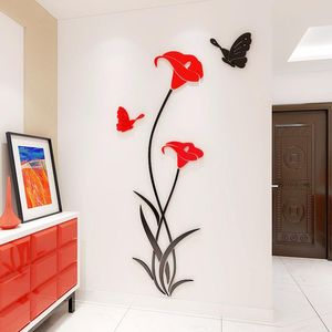 Wall Stickers 3D Butterfly Flower Mirror Surface Acrylic TV Background Poster Entrance Hallway Decals Sticker 5 Sizes