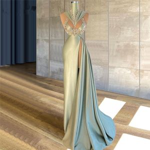 Kryształy Mermaid Party Dress Dostosowane szaty De Soiree Wysokiej szyi Suknie Wieczorowe Wycinane Sexy Prom Dresses Vestidos