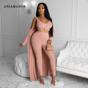 Anjamanor Rib Knit sweter Casual 3 Sztuka Zestaw Kobiety Spadek Zimowa Ubrania Lounge Wear Crop Top Długim Rękawem Pants D48-EB68 Y0625