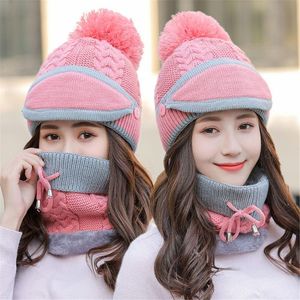 Beralar 3pcs Kadın Beanie Hat Pom Bobble Eşarp Maskesi Seti Örme Kış Boyun Isıtıcı Sıcak Kar Kayak Kapağı Açık Hava Sporları FashionableBerets