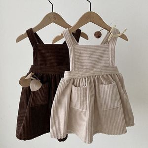 New Girls Korean Solid Vest Baby Girls Strap Dress Spring Dress Kids Solid Corduroy Sleeveless Dress Toddler Clothes Q0716