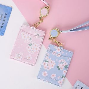 Wiśniowe Kwiaty PU Holder Card Chochilny Smycz 2 Bit Torba Karty Kobiety Tożsamość Odznaka Rębatka Lina Card Case ID Uchwyty IC