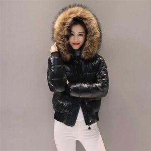 Women's Winter Jacket Hooded Slim Big Thick Real Fur Short White Duck Down Filler Coat Female Solid Warm Clothes Snow Suit 211013