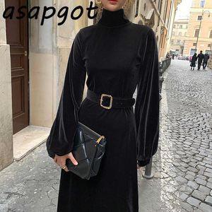 Chic Korean Elegant Slim Waist Long Sleeve Black Turtleneck Velvet Dress Women with Belt Vintage Vestidos Spring Fashion 210610