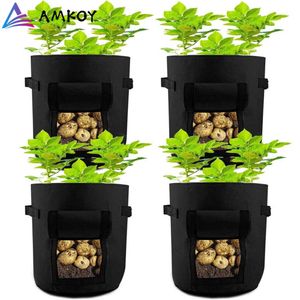 Amkoy 4 pcs planta crescimento saco de batata pote estufa vegetais plantando hidratante jardim vertical crescer saco plântula potenciômetro flor 210615