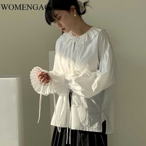 Korea Solidna kolorowa koszula bawełniana wiosna Koreański styl panie bluzki i wierzchołki Peter Pan Collar Długi rękaw 210603