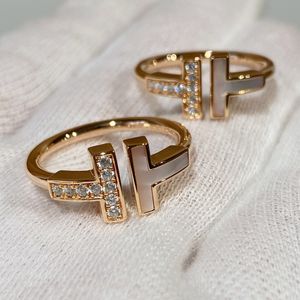 Sterling Silver Adjustable Finger Ring Double T 18K Gold Plated Fashion Rings for Lover Half Diamond Letter T Z11004s