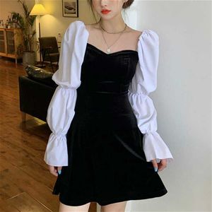 Korean Dress French Square Collar Full Sleeve Black Mini Casual Party Sexy Autumn Women's Clothing 210604