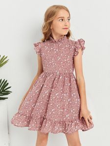 Girls Ditsy Floral Butterfly Sleeve Ruffle Hem Dress SHE