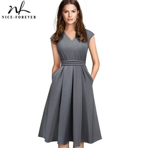 Nice-forever Brief Elegant Solid Color Sleeveless vestidos with Pocket A-Line Women Flare Dress A196 210226