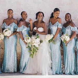 Sparkly Sequins Baby Blue Long Bridesmaid Dresses Elegant Mermaid Spaghetti Straps Ruffles Plus Size