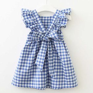 새로운 여름 비행 슬리브 격자 무늬 아기 소녀 옷 러프 백리스 어린이 드레스 레저 사랑스러운 아기 드레스 키즈 의류 Q0716